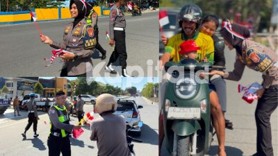Satlantas Polres Halteng Bagikan Ratusan Bendera Merah Putih Kepada Masyarakat